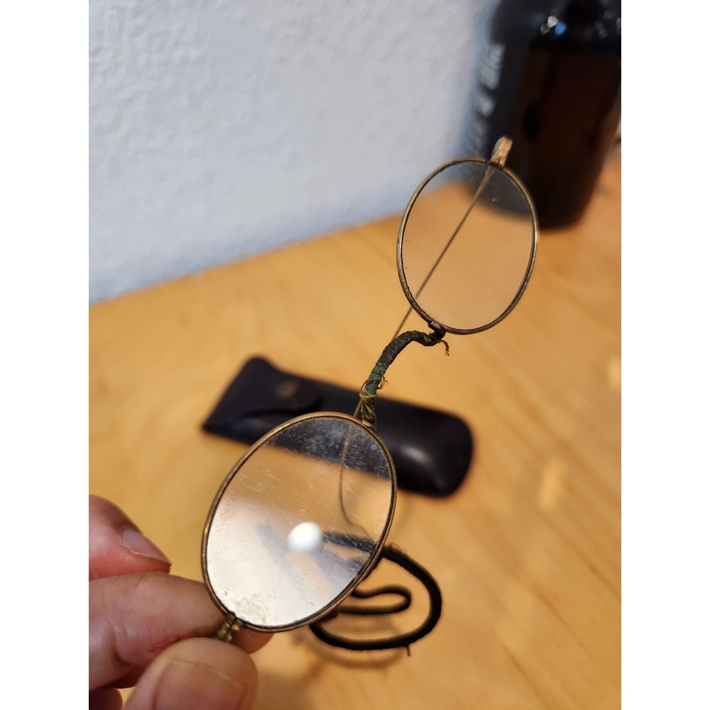 Vintage Antique Pince-Nez Spectacles‎ with Original Leather Case Brass Frame 20s